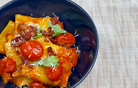 Pasta with Datterini Tomatoes and Crispy Pancetta