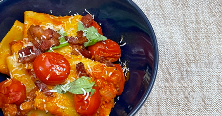 Pasta with Datterini Tomatoes and Crispy Pancetta