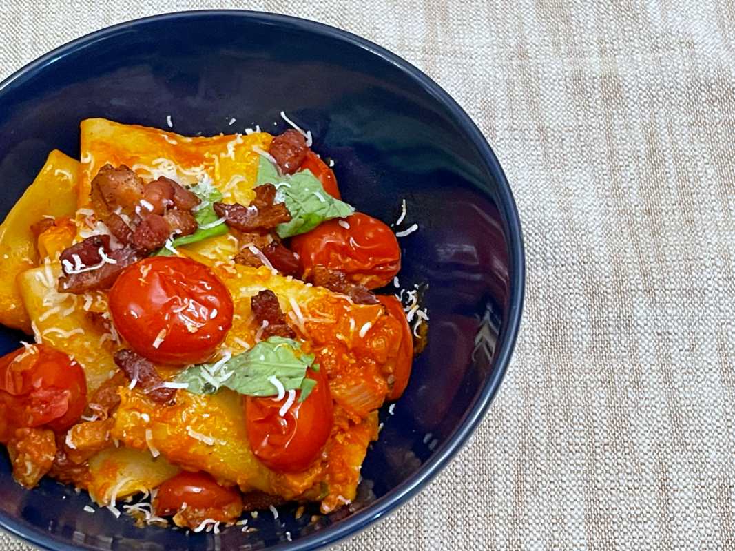 Pasta with Datterini Tomatoes and Crispy Pancetta