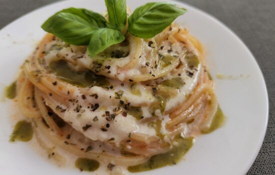 Spaghettoni with Corbarino Tomatoes, Provolone Fondue, and Basil