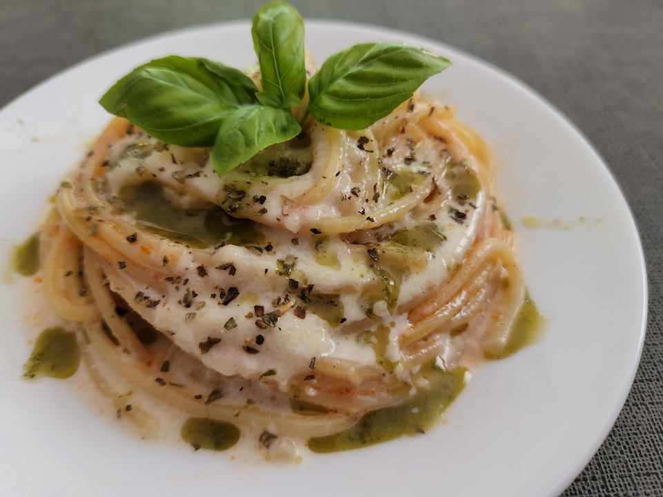 Spaghettoni with Corbarino Tomatoes, Provolone Fondue, and Basil